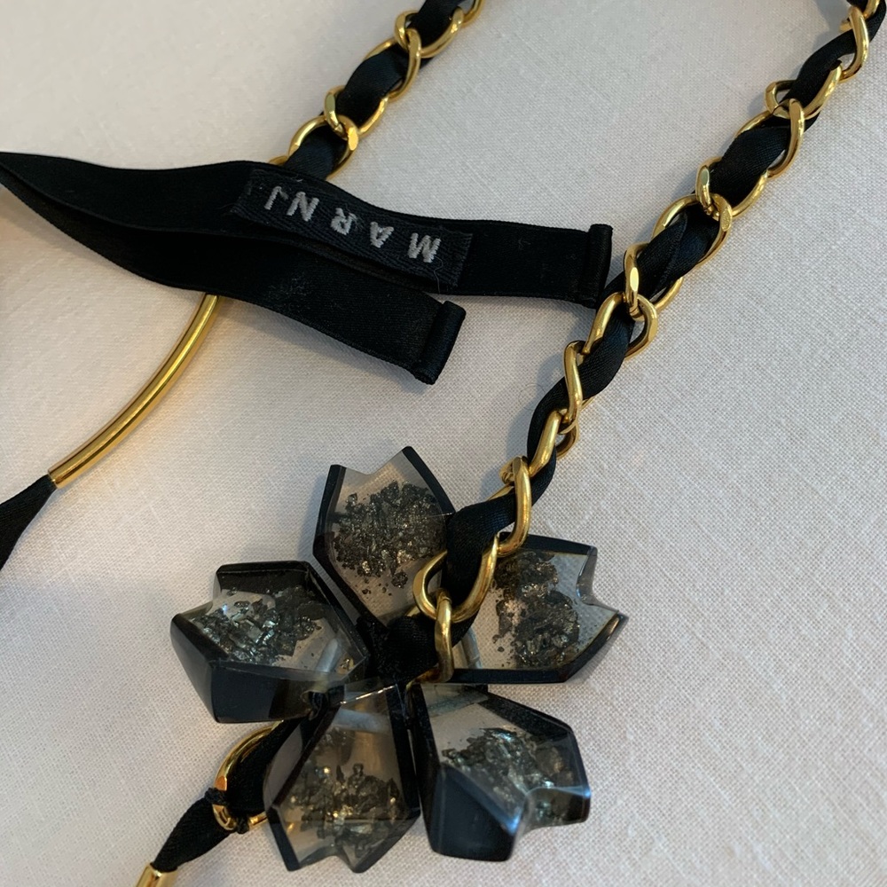 Marni ribbon and chain, resin flower necklace